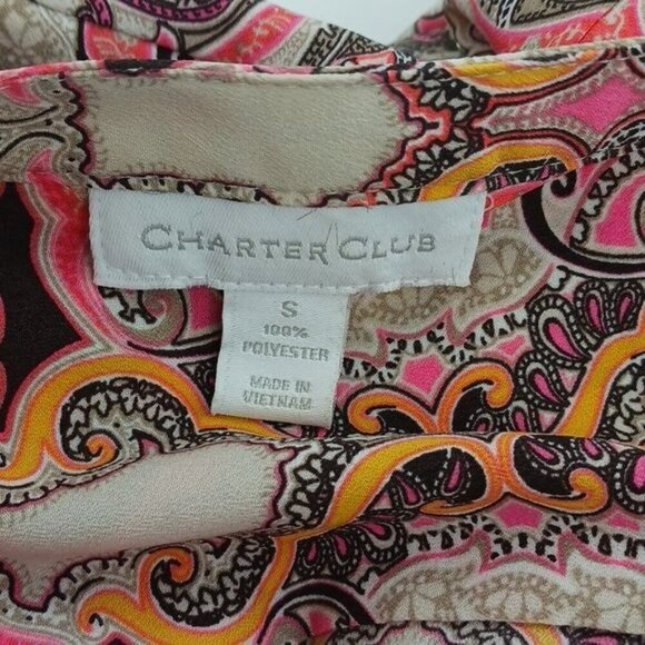 Charter Club Blouse Pink Paisley Retro Roll Tab Sleeve Button Down Size Small - Picture 5 of 5